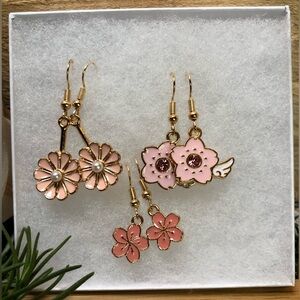 Floral Pink & Gold Dangle  Earrings, 3 Pair